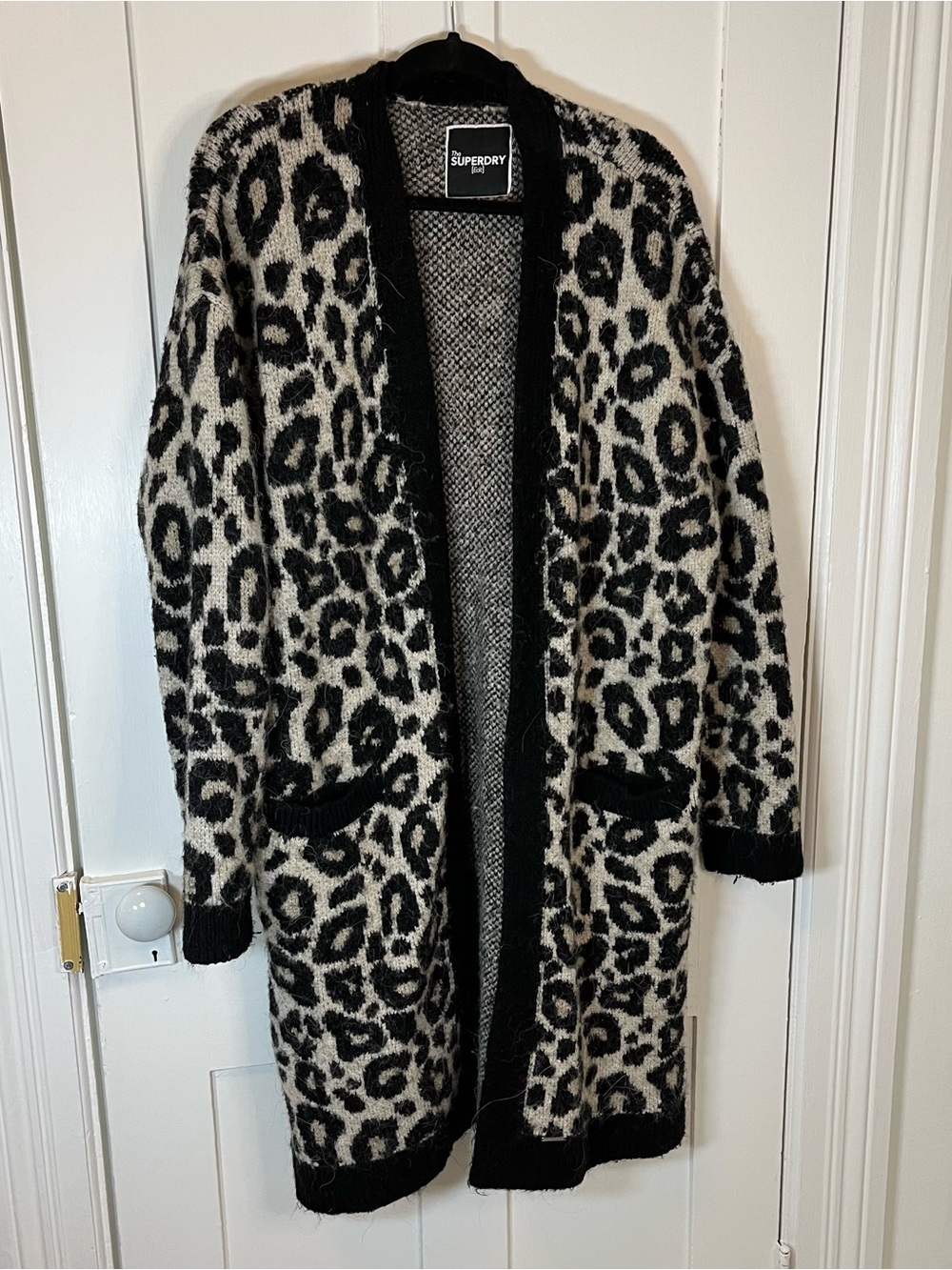 Superdry Black & Cream Leopard-Print Long Open Cardigan